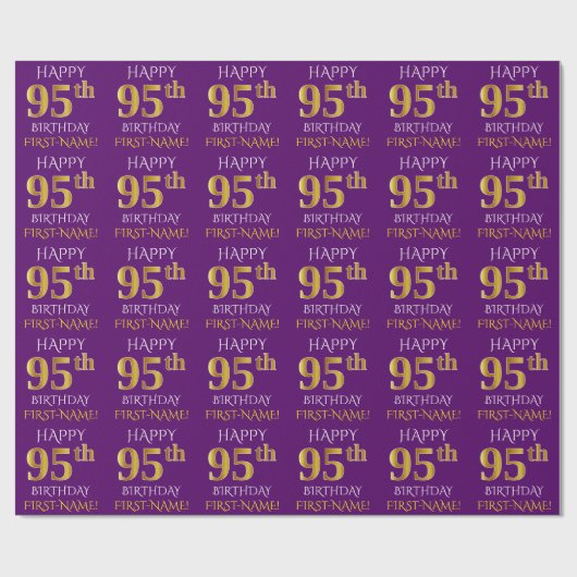 紫、フェイク金ゴールド「HAPPY 95th誕生日」 ラッピングペーパー (フラット)