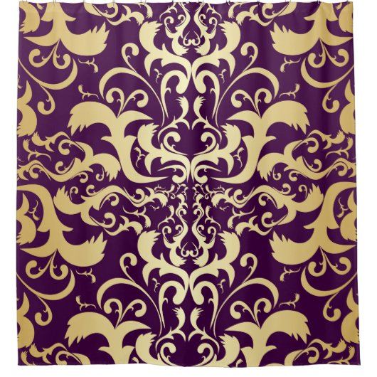 紫,フェイク,金ゴールド,ダマスク,ヴィンテージ,アンティーク,フローラ,pa シャワーカーテン (正面)