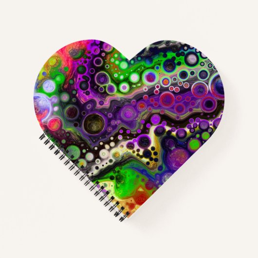 紫、ライムグリーン、黒大理石の流体アート ノートブック (正面)