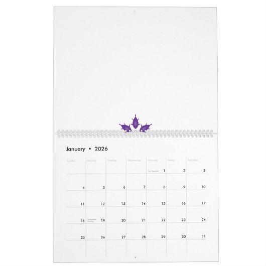 紫、様式化されたフローラマンダラデザインの暗いb カレンダー (1月 2026)