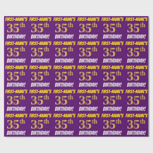 紫、模造フェイク金ゴールド、「35誕生日」 ラッピングペーパー (フラット)
