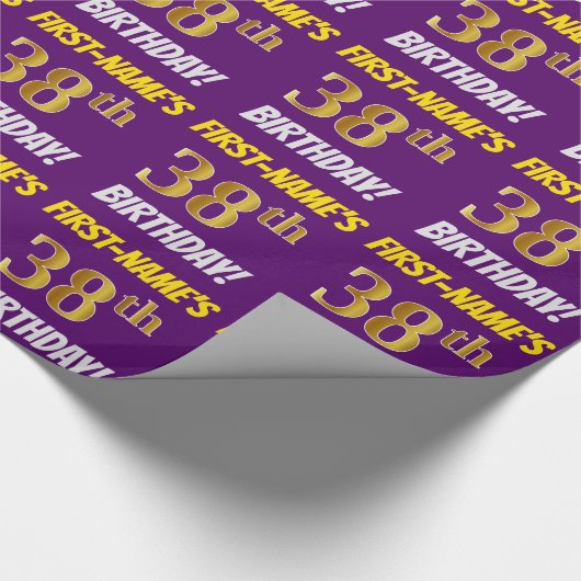 紫、模造フェイク金ゴールド、「38誕生日」 ラッピングペーパー (角)