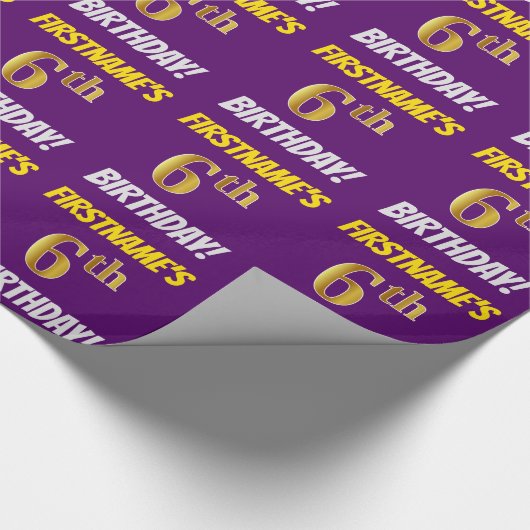 紫、模造フェイク金ゴールド、「6誕生日」 ラッピングペーパー (角)
