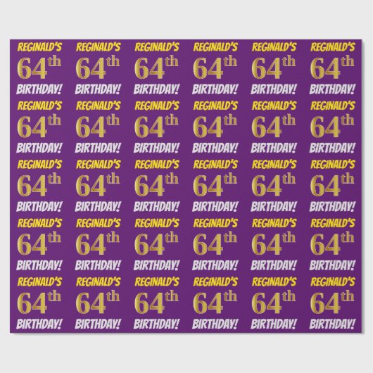 紫、模造フェイク金ゴールド、「64誕生日」 ラッピングペーパー (フラット)