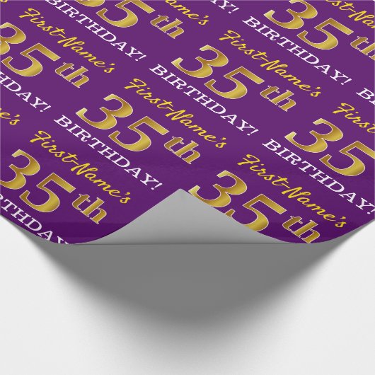 紫、模造金ゴールドルック"35誕生日" ラッピングペーパー (角)