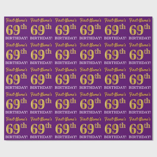 紫、模造金ゴールドルック"69誕生日" ラッピングペーパー (フラット)