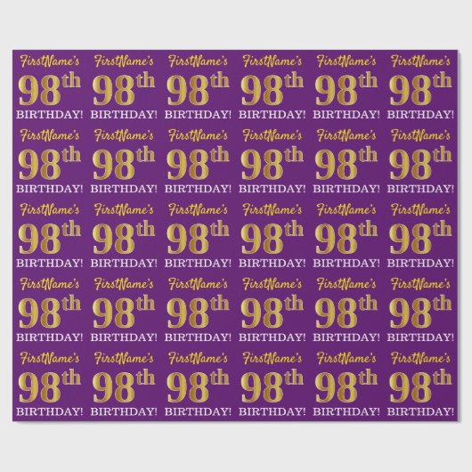 紫、模造金ゴールドルック"98誕生日" ラッピングペーパー (フラット)