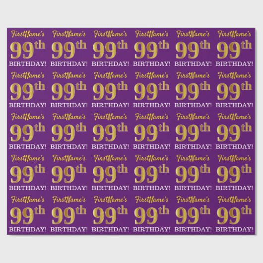 紫、模造金ゴールドルック"99誕生日" ラッピングペーパー (フラット)