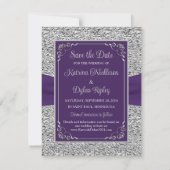 紫、灰色の愛のハート結婚式の日付を保存 (裏面)