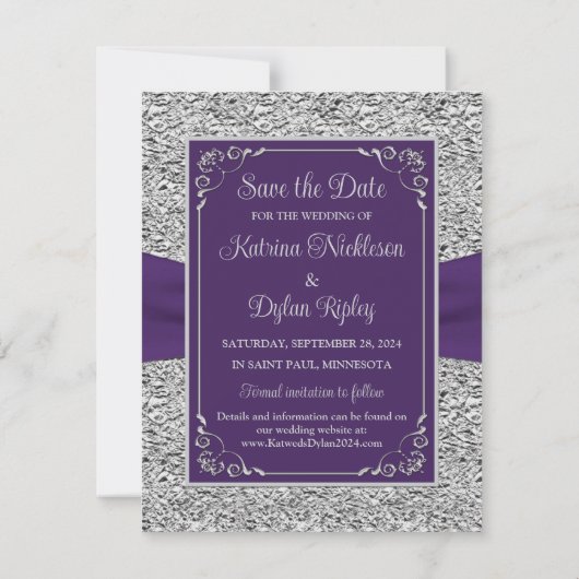 紫、灰色の愛のハート結婚式の日付を保存 (裏面)