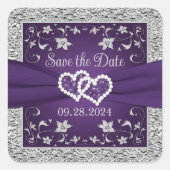 紫、灰色の愛のハート結婚式の日付を保存 スクエアシール (正面)