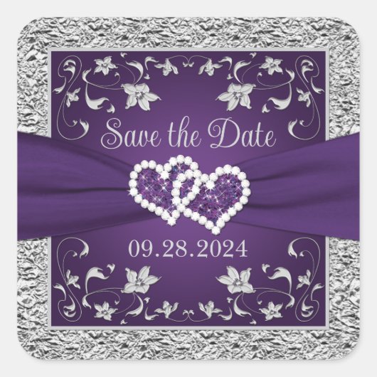 紫、灰色の愛のハート結婚式の日付を保存 スクエアシール (正面)