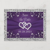 紫、灰色の愛のハート結婚式の日付を保存 ポストカード (正面)