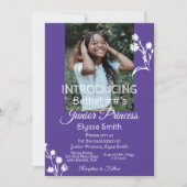 紫、白い花と水玉模様プリンセスパーティー 招待状 (正面)