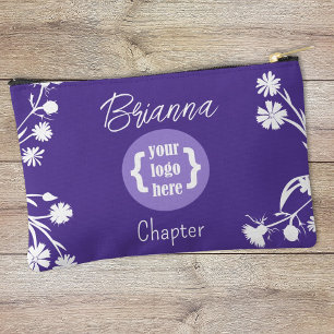 紫、白い花、ロゴメイクアップバッグ アクセサリーポーチ