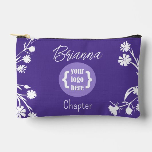 紫、白い花、ロゴメイクアップバッグ アクセサリーポーチ (正面)