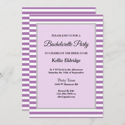 紫/白のフレームストライプバチェロレッテ 招待状 (正面/裏面)