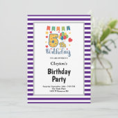 紫/白ストライプの誕生日パーティー 招待状 (スタンド正面)