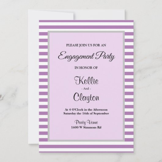 紫/白ストライプ婚約パーティ 招待状 (正面)