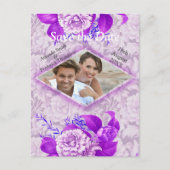 紫/白バラ花の緑のパターン紙 案内ポストカード (正面)