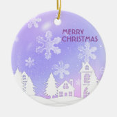 紫 白 半透明の雪の結晶が降るスノーハウス セラミックオーナメント (正面)