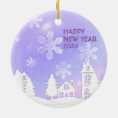 紫 白 半透明の雪の結晶が降るスノーハウス セラミックオーナメント (裏面)