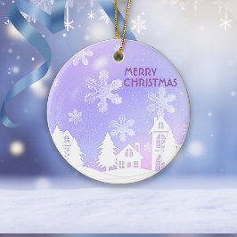 紫 白 半透明の雪の結晶が降るスノーハウス セラミックオーナメント