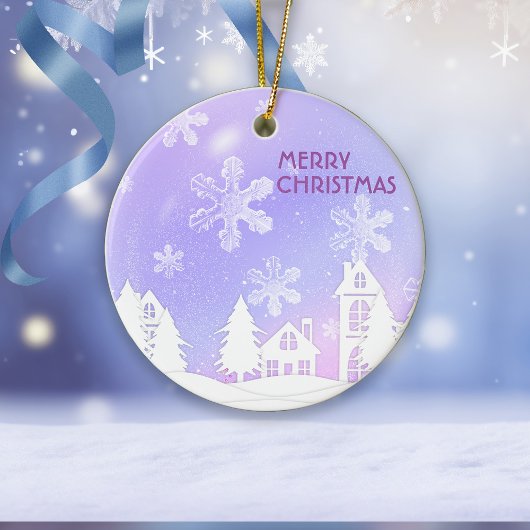 紫 白 半透明の雪の結晶が降るスノーハウス セラミックオーナメント