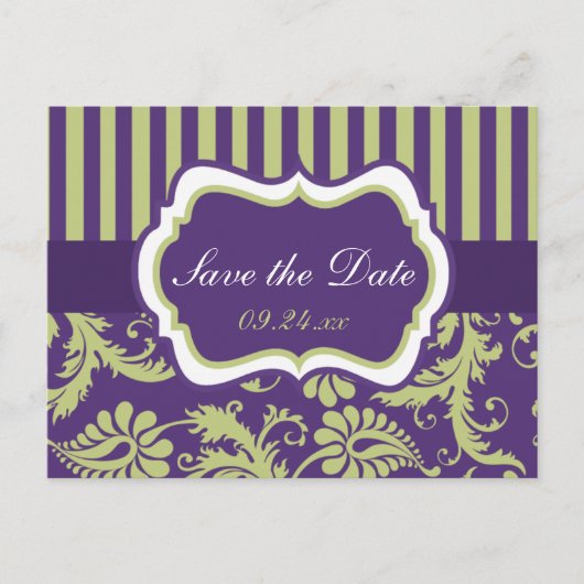 紫、白、緑のダマスク日付カードを保存 案内ポストカード (正面)
