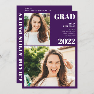 紫（白） 3枚の写真の卒業式 招待状