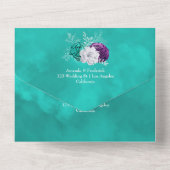 紫、紫、ターコイズのフローラ結婚の全イン オールインワン招待状 (裏面)