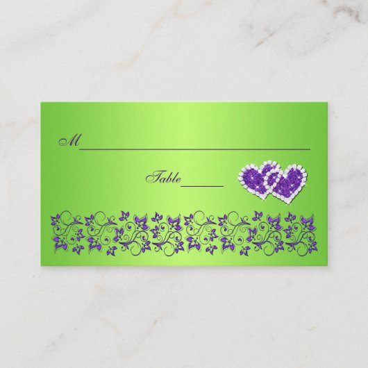紫、緑のフローラと結合ハート座席表 プレイスカード (正面)