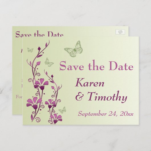 紫、緑のフローラ、蝶の日付を保存 案内ポストカード (正面/裏面)