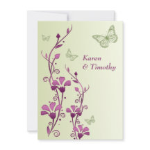 紫、緑のフローラ、蝶の結婚式の招待