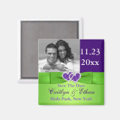 紫、緑の結合ハート日付磁石を保存 マグネット (正面/裏面)