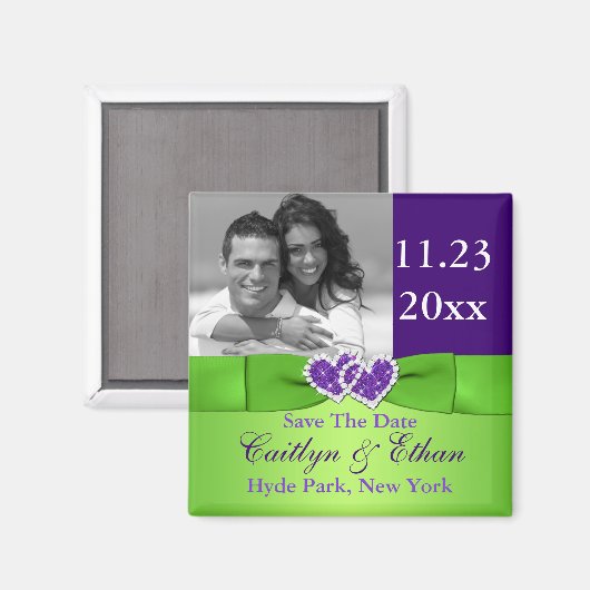 紫、緑の結合ハート日付磁石を保存 マグネット (正面/裏面)