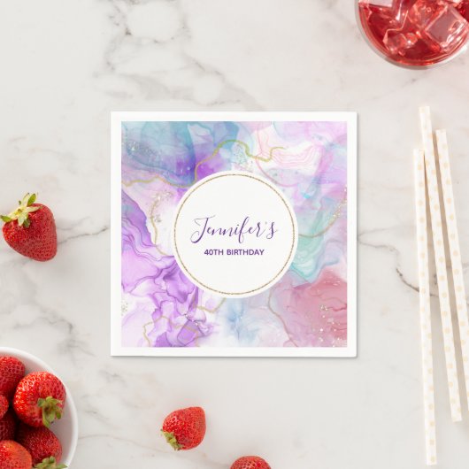 紫、緑、ピンクのフローリングカラー誕生日 スタンダードカクテルナプキン (インサイチュ)