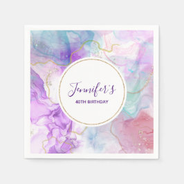 紫、緑、ピンクのフローリングカラー誕生日 スタンダードカクテルナプキン