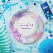 紫、緑、ピンクの流れるカラークラシック誕生日 ペーパープレート (パーティー)