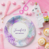 紫、緑、ピンクの流れるカラークラシック誕生日 ペーパープレート (パーティー)