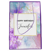 紫、緑、ピンクの流れるカラークラシック誕生日 ミディアムペーパーバッグ (正面)