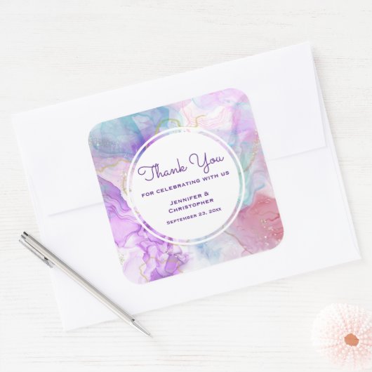 紫、緑、ピンクの流れる色ありがとう スクエアシール (封筒)