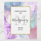 紫、緑、ピンクの流れる色のワイン作り ワインラベル (シングルラベル)