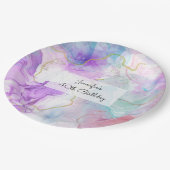 紫、緑、ピンクの流れる色エレガント ペーパープレート (アングル)