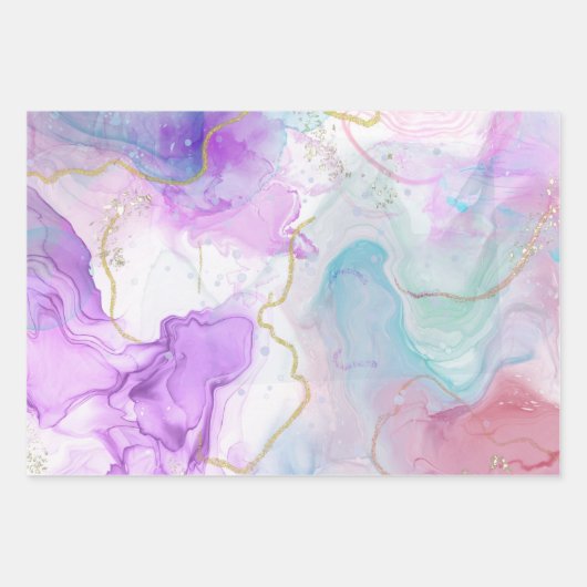 紫、緑、ピンクの流れる色エレガント ラッピングペーパーシート (正面)