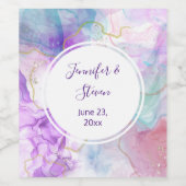 紫、緑、ピンクの流れる色結婚の ワインラベル (シングルラベル)