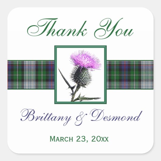 紫、緑、白いタータンチェックチスル1.5インチステッカー スクエアシール (正面)