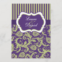 紫、緑、白のダマスクの結婚式招待状