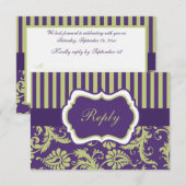 紫、緑、白のダマスク柄RSVPカード 出欠カード (正面/裏面)