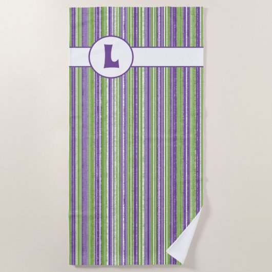 紫、緑、白のモストライプノグラム ビーチタオル (正面)